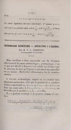Arithmologie élémentaire - application a l'algèbre.