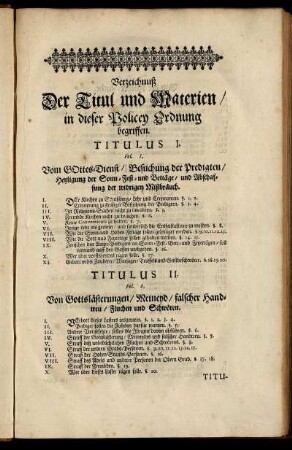 Verzeichnuß Der Titul und Materien/ ...