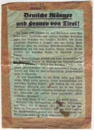 Handzettel der österreichischen NSDAP mit Propaganda für den Anschluss an Deutschland und Polemik gegen Dollfuß