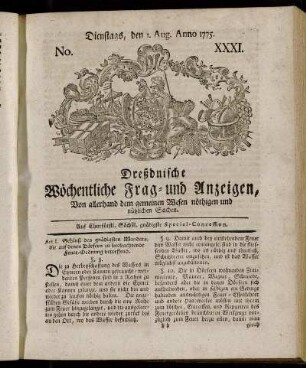 No. XXXI. Dienstags, den 1. Aug. Anno 1775. - No. XXXVII. Dienstags, den 12. Septbr. Anno 1775.
