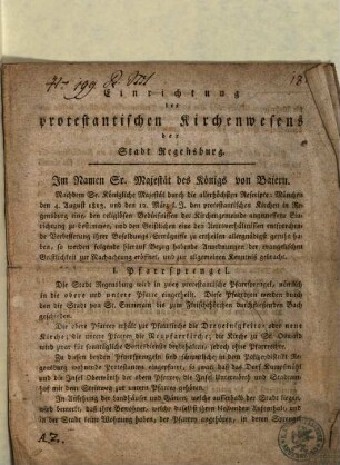 Einrichtung des protestantischen Kirchenwesens der Stadt Regensburg : [Regensburg den 5. April 1814]