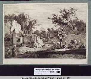 Landschaft mit Vieh und Reisenden.