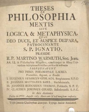 Theses ex philosophia mentis sive logica & metaphysica