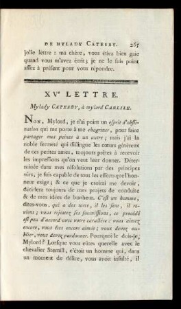 XVe Lettre. Mylady Catesby, à mylord Carlile.
