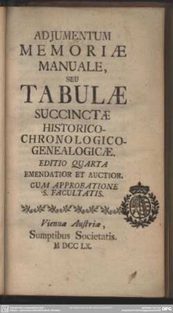 Adiumentum Memoriae Manuale, Seu Tabulae Succinctae Historico-Chronologico-Genealogicae : Cum Approbatione S. Facultatis