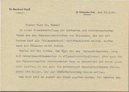 Schreiben Bernhard Hauff jr. an Faber "Holzmadenbuch" betreffend
