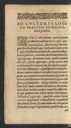 Ad Cultores Logicae Praefatio Primae Editioni praefixa.