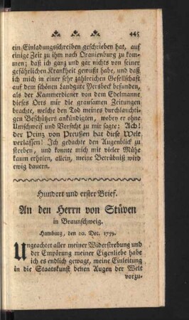 Hundert und erster Brief. An den Herrn von Stüven in Braunschweig