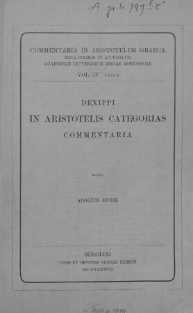 Dexippi in Aristotelis categorias commentarium