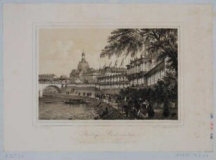 Das Elbufer und Helbig´s Etablissement (umgebaute letzte Häuser des Italienischen Dörfchens) in Dresden, im Hintergrund die Augustusbrücke und die Gebäude an der Brühlschen Terrasse mit der Kuppel der Frauenkirche