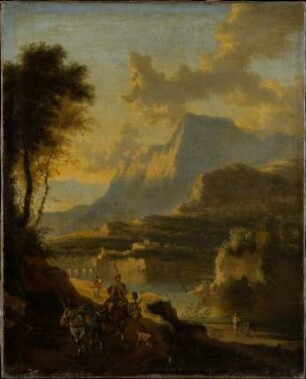 Gebirgige Landschaft mit Reiter in Abendbeleuchtung
