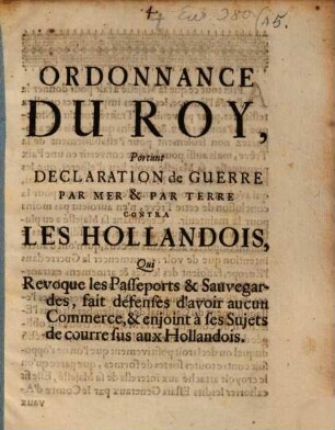 Ordonnance du roy de France portant declaration de guerre contre les Hollandois