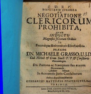 Disputatio Juridica De Negotiatione Clericorum Prohibita