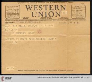 Korrespondenz von Alice und Ludwig Klein: Telegramm (LC=Deferred Cable) von Max Klein an Kurt Klein