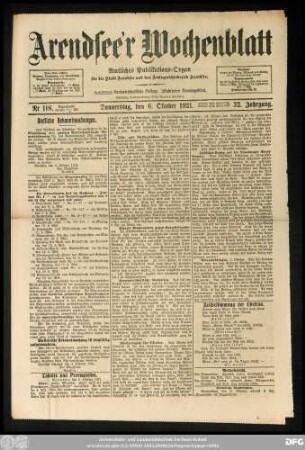 Arendsee'r Wochenblatt, Nr. 118. Donnerstag, den 6. Oktober 1921.