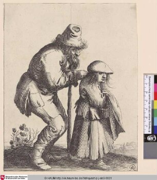 [Ein bärtiger Bettler und ein junges Mädchen; Two beggars. A bearded beggar with a walking stick at left, seen in profile and walking towards right whilst leaning on a young girl, who is walking in front of him and carrying a small basket]