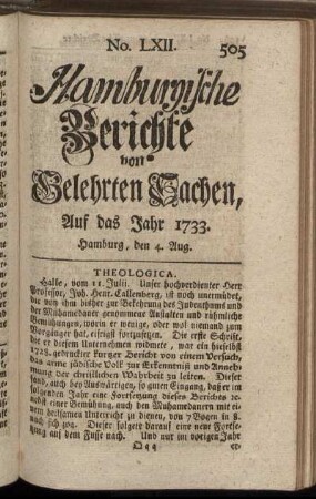No. LXII. Hamburg, den 4. Aug. 1733. - No. LXIX. Hamburg, den 28. Aug. 1733.