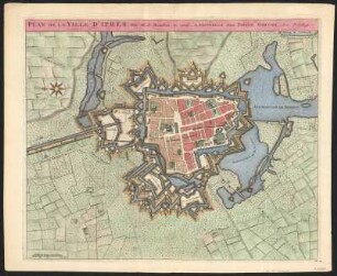 Stadtplan von Ypern, 1:10 000, Kupferstich, um 1690 : Plan De La Ville D'Ipres : Avec Privilege / Par Mr. de Beaulieu. - [Ca. 1:10 000]. - A Amsterdam : Pierre Mortier, [um 1690]. - 1 Karte : Kupferstich ; 40 x 49 cm // Maßstab in graph. Form (Toises) - E oben