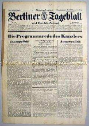 Zeitung "Berliner Tageblatt" u.a. zur Annahme des Ermächtigungsgesetzes