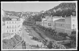 Weltbad Karlsbad. Kurhaus, Mühlbrunn und Hotel Imperial : Karlsbad. Kreuzstraße mit Hotel und Café Paradies und Mühlbrunn-Quai an der Teplá mit Kurhaus. Blick gegen Hotel Imperial