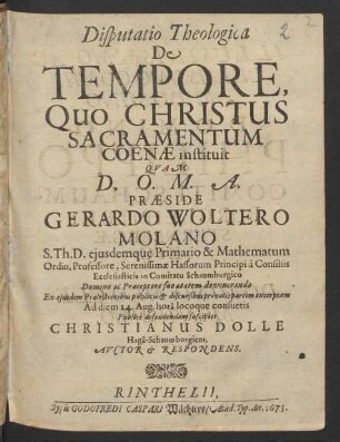 Disputatio Theologica De Tempore, Quo Christus Sacramentum Coenae instituit