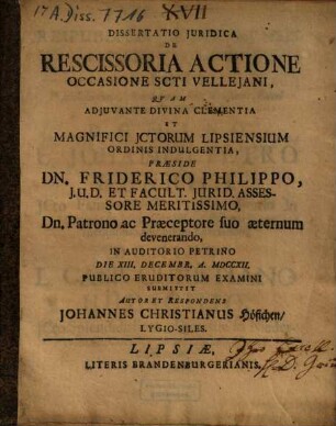 Dissertatio Iuridica De Rescissoria Actione Occasione Scti Velleiani