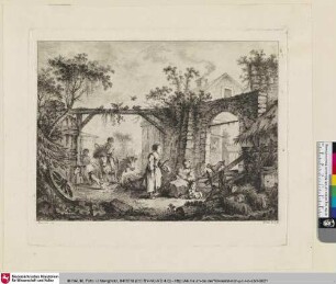 [Innenansicht einer zerfallenen Scheune mit stillender Mutter, im Hintergrund treibt ein Hirtenjunge eine Rinderherde hinein; Paysage]