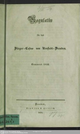 Regulativ für das Bürger-Casino von Neustadt-Dresden : Erneuert 1846