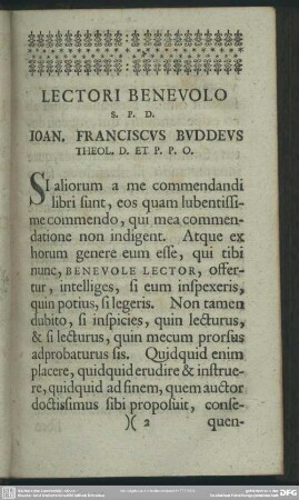 Lectori Benevolo S. P. D. Ioan. Franciscus Buddeus Theol. D. Et P. P. O.