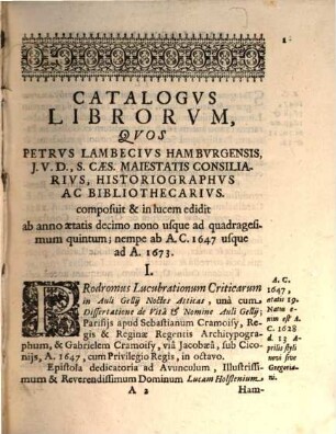 Catalogus Librorum quos Petr. Lambeccius ... composuit ...