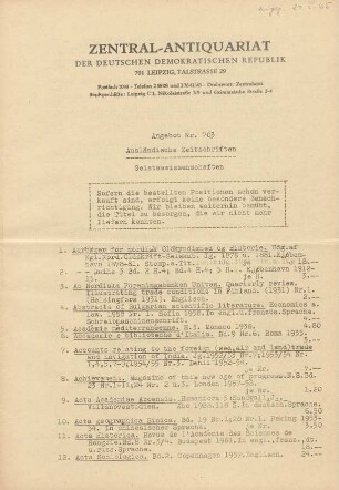 Nr. 703: Ausländische Zeitschriften Geisteswissenschaften