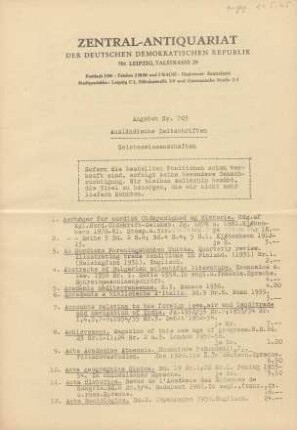 Nr. 703: Ausländische Zeitschriften Geisteswissenschaften