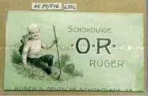 Papierbanderole für Schokoladentafel "SCHOKOLADE O R RÜGER" (Abbildung des Firmenmaskottchens Hansi)