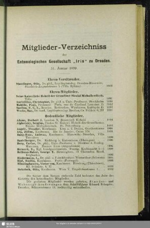 Mitglieder-Verzeichniss der Entomologischen Gesellschaft „Iris“ zu Dresden