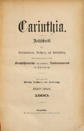 Carinthia : Zeitschrift für Vaterlandskunde, Belehrung u. Unterhaltung. 80. 1890