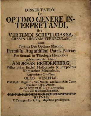 Diss. de optimo genere interpretandi, sive vertendi scripturas sacras in linguam vernaculam