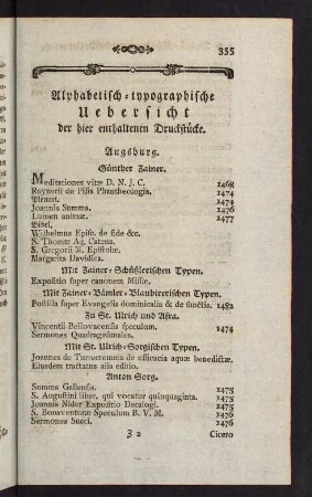 355-373, Alphabetisch-typographische Uebersicht der hier enthaltenen Druckstücke