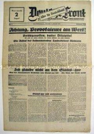 Nationalsozialistische Tageszeitung aus dem Saarland "Deutsche Front" zur Saar-Abstimmung