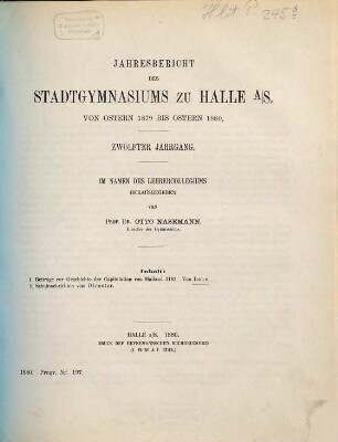 Jahresbericht des Stadtgymnasiums zu Halle : von Ostern ... bis Ostern .... 1879/80