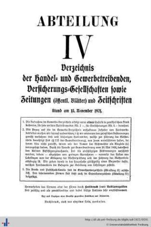 Abteilung IV. Verzeichnis der Handel- und Gewerbetreibenden, sowie andere Berufsarten. Versicherungsgesellschaften. Zeitungen und Zeitschriften.