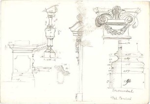 ohne Verfasserangabe; Italien; Palazzo Corsini, Dom in Como; Casa di Livia; Santa Maria Nuova - Postament, Baluster, Kapitell u. Pilastersockel im Palazzo Corsini (Ansichten, Detail)