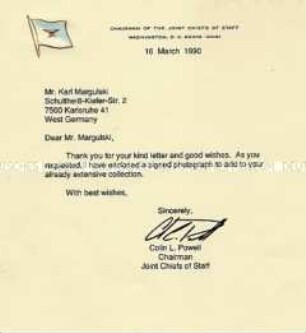 Dankschreiben auf Kopfbogen aus dem Pentagon mit eigenhändiger Unterschrift von General Powell