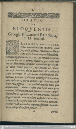 Oratio De Eloquentia. Georgii Pfitzmarii Palatinici