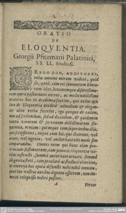 Oratio De Eloquentia. Georgii Pfitzmarii Palatinici