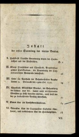 Inhalt der ersten Sammlung des vierten Bandes