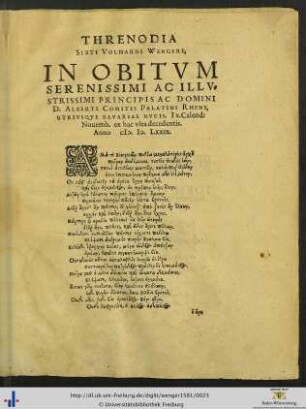 Threnodia Sixti Volhardi Wengeri In Obitum Domini Alberti Comitis Palatini Rheni Utriusque Bavariae Ducis