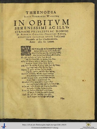 Threnodia Sixti Volhardi Wengeri In Obitum Domini Alberti Comitis Palatini Rheni Utriusque Bavariae Ducis