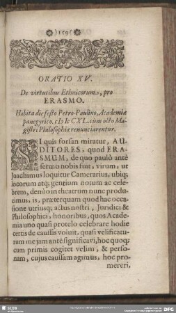 Oratio XV. De virtutibus Ethnicorum, pro Erasmo. Habita die festo Petro-Paulino, Academiae panegyrico. [MD]CXL. cùm octo Magistri Philosophiae renunciarentur