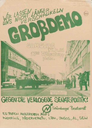 Plakat: "Aufruf zur Großdemonstration gegen Senatspolitik"
