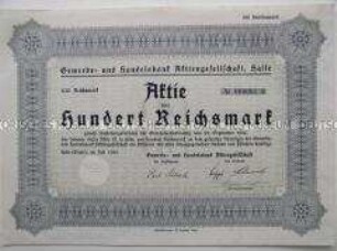 Aktie der Gewerbe und Handelsbank Halle über 100 Reichsmark